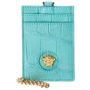 Versace La Medusa Croc-Embossed Leather Card Holder On Chain, Blue